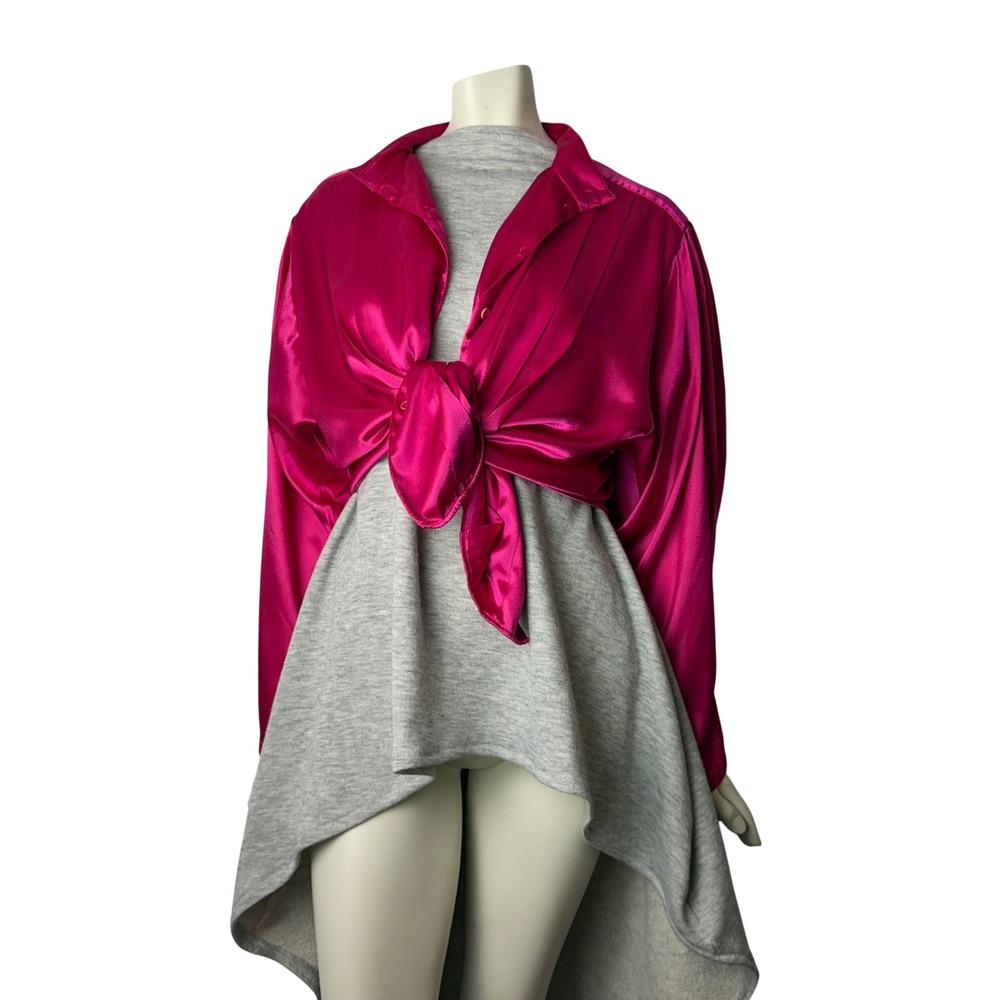 Vintage Esprit Fuchsia Pink Blouse Satin Pleated  Pintuck Mandarin Collar Glam M